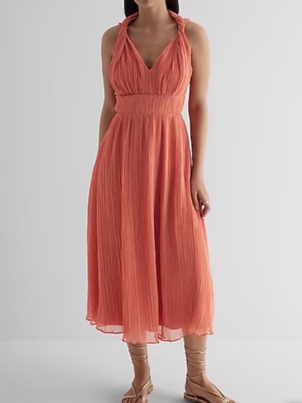 Express Pleated Twisted Neck Halter Midi Dress